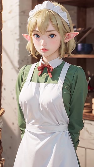 Ryumd,1girl,female_solo,looking at viewer,(arms behind back ),(upper body:1.5),long sleeves,dress,boots,apron,brown footwear,restaurant,indoors,(medium breast),Ryubase.,.(elf long ears).(blush).(embarrassed).(mature female).neck bow tie.