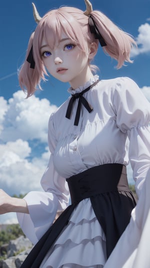 Linnie's, ,linnie, bangs, (purple eyes:1.1), twintails, hair ribbon, pink hair,  black ribbon, demon horns,long sleeves, dress, ribbon, frills, puffy sleeves, black ribbon, juliet sleeves,BREAK outdoors, castle, sun, sky, cloud,BREAK looking at viewer, (cowboy shot), (masterpiece:1.2), best quality, high resolution, unity 8k wallpaper, (illustration:0.8), (beautiful detailed eyes:1.6), extremely detailed face, perfect lighting, extremely detailed CG, (perfect hands, perfect anatomy),(better_hands).(large breasts:1.2),realhands.
