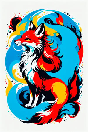 Vintage print design (on a white background:1.2), Silhouette drawing a rampant fox, with colors ink pop art blackground, delicate, filigram, centered, intricate details, illustration style, Katsushika Hokusa Style, ink sketch, comic book,chinese dragon,Leonardo Style