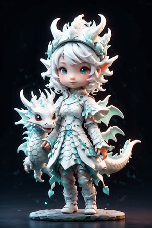 Full body portrait of a cute little white dragon girl, human-like appearance, dragon-themed features, soft and delicate, holding a small dragon toy, playful and whimsical attire, friendly and inviting expression, by FuturEvoLab, (masterpiece: 2), best quality, ultra highres, original, extremely detailed, perfect soft lighting, charming and endearing character,chibi