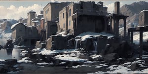  （high quality：1.5）（dwarf castle：1.2）,blast furnace,stone bridge, ancient City in Frozen Lake, Winter Wasteland,
The background is a city wall with 3 layers,
high_resolution, 8k, Science fiction, comic, cartoon, vector,FFIXBG,nodf_lora,Baroque, Dark light art