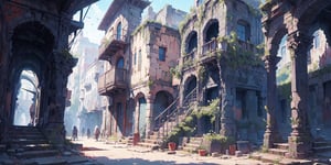  （high quality：1.5） nodf_lora, castle hall, 
city ​​street,（square：1.3）,stairs, ruins, pillar, scenery, Castle ruins in the background,cinematic lighting ,FFIXBG,Rococo style,no_humans,breakdomain,beautyniji,ff8bg,YAMATO