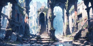  （high quality：1.5） nodf_lora, castle hall, 
city ​​street,（square：1.3）,stairs, ruins, pillar, scenery, Castle ruins in the background,cinematic lighting ,FFIXBG,Rococo style,no_humans,breakdomain,beautyniji,ff8bg,YAMATO