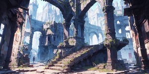  （high quality：1.5） nodf_lora, castle hall, 
city ​​street,（square：1.3）,stairs, ruins, pillar, scenery, Castle ruins in the background,cinematic lighting ,FFIXBG,Rococo style,no_humans,breakdomain,beautyniji,ff8bg,YAMATO