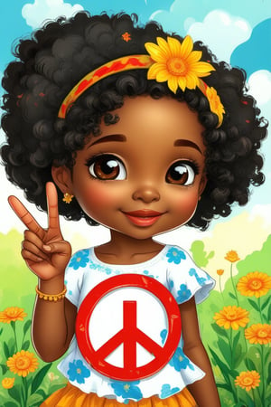 A cute African American flower child holding up the peace sign, cute hair, cartoon, flower painting on her cheek