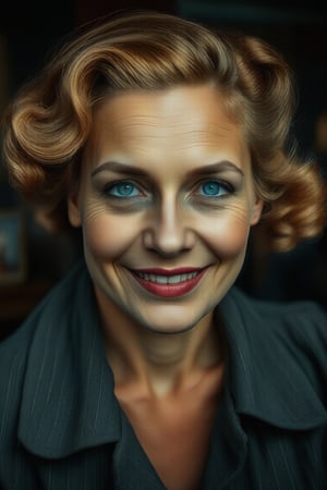 (close-up, editorial photograph of a 20 yo woman from the 1940's), (highly detailed face:1.4) (smile:0.7) (background inside dark, moody, private study:1.3) POV, by lee jeffries, nikon d850, film stock photograph ,4 kodak portra 400 ,camera f1.6 lens ,rich colors ,hyper realistic ,lifelike texture, dramatic lighting , cinestill 800,