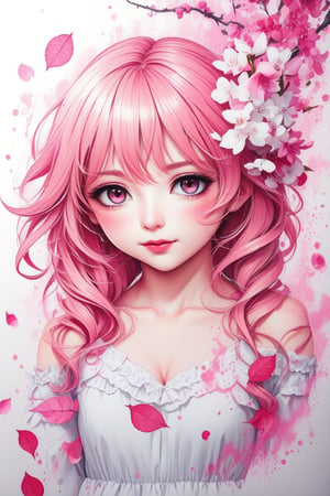 Light pink hair, pink eyes, pink and white, sakura leafs, vivid colors, white dress, paint splash, simple background, ray tracing, wavy hair