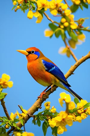 A bird is sitting on a branch of a tree. The bird is orange and blue with a yellow beak. There are yellow flowers on the branches around the bird. 