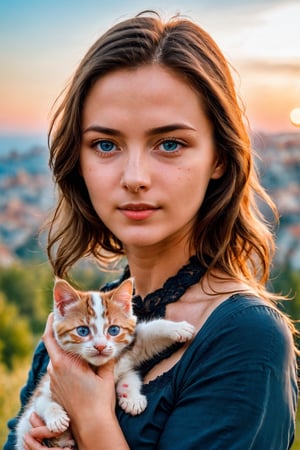 cinematic upper body photo a woman holding a kitten in her hands, ((best best quality)), ((masterpiece)), ((realistic)), (detailed), blush, (masterpiece), absurdres, HDR , . 35mm photograph, film, bokeh, professional, 4k, highly detailed, detailed skin texture, (goosebumps:0.5), subsurface scattering, pure skin, skin pores, blue eyes
,3l3ctronics