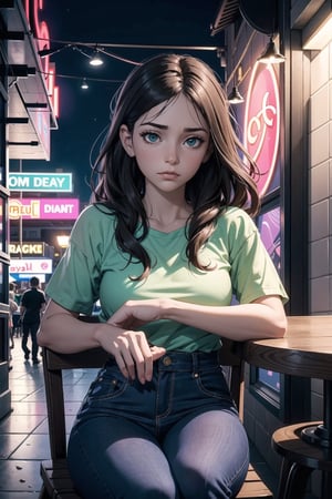 vibrant colors, female, masterpiece, sharp focus, best quality, depth of field, cinematic lighting, ((solo, one woman )), (illustration, 8k CG, extremely detailed), masterpiece, ultra-detailed, "Nightfall Weariness: Colorful Solitude" In the dimly lit ambiance of a nightclub, a weary girl seeks solace on a chair, her exhaustion evident in the lines of her tired face. Brown hair cascades in disarray, framing eyes that tell a dual story—one in deep violet, the other in a vibrant shade of green. Clad in a colorful shirt and black pants, she sits with a phone in hand, capturing a moment of solitude amid the energetic beats of the night. The contrast of her colorful attire against the dark background mirrors the juxtaposition of weariness and the lively atmosphere around her. "Nightfall Weariness" paints a poignant picture of a tired soul finding a moment of respite in the midst of the vibrant nightlife, embodying the complexities of modern existence,midjourney
