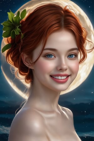 (1girl, smile, face focus, bun hair, perfect face, medium shot, gracefully, golden petals and green flowers form intricate patterns against the backdrop of the moon, reminiscent of the styles of Da Vinci), Detailed texture, High quality, High resolution, High precision, Realism, Color correction, Proper lighting settings, Harmonious composition, Behance Works,detail-rendering,Realistic Enhance,redhead