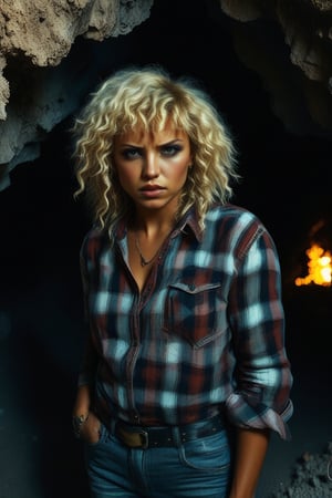 photograph of a woman, (troubled facial expression), textured skin, goosebumps, blonde afro hair, plaid flannel shirt with distressed boyfriend jeans, cowboy shot, dark and mysterious cave with unique rock formations and hidden wonders, perfect eyes, (candlelight,chiaroscuro), Porta 160 color, shot on ARRI ALEXA 65, bokeh, sharp focus on subject, shot by Don McCullin