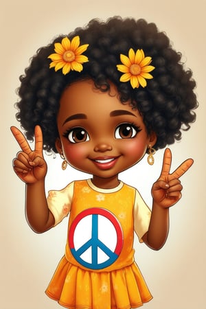 A cute African American flower child holding up the peace sign, cute hair, cartoon, flower painting on her cheek