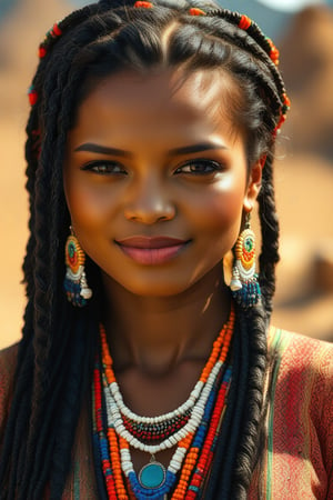 A close-up shot of a woman's face, her braids woven intricately with vibrant beads that catch the warm sunlight. Her eyes gleam with cultural pride as she proudly wears traditional adornments, her dark skin radiant against the earthy tones of her surroundings.