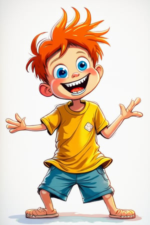 solo, smile, open mouth, blue eyes, simple background, shirt, 1boy, white background, male focus, shorts, teeth, orange hair, bandaid, yellow shirt, male child