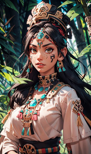 medium close up, visible up to the waist
, Aztec woman, medium breast, Aztec traditional long colorful dress, shining smaragd jewelery, Aztec headdress, bright glowing caramel eyes, black hair,, facial marks, standing before an aztec temple in a jungle as backround, athletic, volumetric lighting, best quality, masterpiece, realistic, vibrant colors,