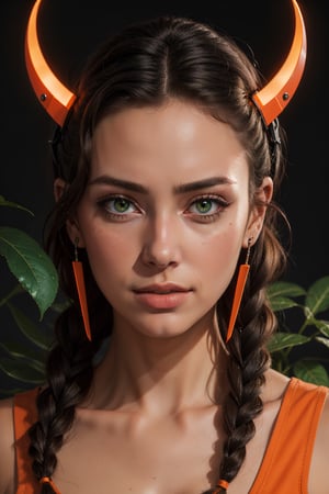 (masterpiece:1.1), (highest quality:1.1), (HDR:1.0), extreme quality, cg, (negative space), detailed face+eyes, 1 girl, viking with braids, (plants:1.18), ( fractal art), (bright colors), splashes of background color, color scheme, paint splashes, complementary colors, neon, electric, limited palette, synthesizer, fine art, tanned skin, upper body, (green and orange :1.2), time stop, sy3, SMM