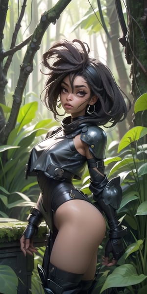 ((black woman, nsfw cyber armor crop top)) standing amidst the eerie tranquility of a cemetery situated deep in the heart of an overgrown jungle. The image is surrounded by a dark and melancholic atmosphere, where darkness prevails, casting long shadows and adding an air of deep sadness. ((black woman, dressed in crop top and worn nsfw cyber armor, black skin, African)), occupies the foreground of the painting. The backdrop is a tapestry of darkness, with suggestions of mossy tombstones and gnarled trees barely visible in the periphery. Dense jungle foliage surrounds the cemetery, ((black woman, black skin)), jungle cemetery.