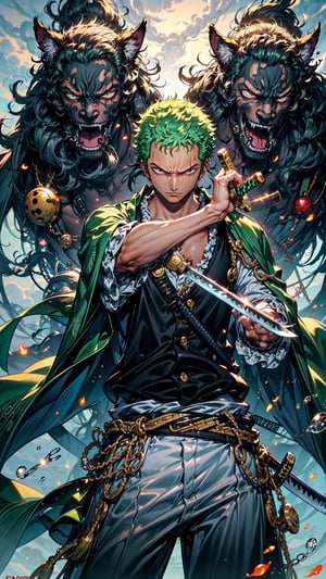  Roronoa Zoro, the iconic character from the One Piece anime:((Luffy one peace)

"Generate a striking and highly detailed visual representation of the legendary swordsman, Roronoa Zoro, from the One Piece anime. Zoro is known for his distinctive appearance and formidable skills.

His hair is a vibrant shade of green, complementing his determined brown eyes. He stands tall and resolute, exuding an air of strength and unwavering determination. Zoro is clad in his signature green outfit, complete with a white haramaki and a bandana.

In his skilled hands, he wields not one but two katana swords, each one unique and finely detailed. The swords should be a reflection of his mastery and the essence of his character.

This image should capture the essence of Zoro's iconic appearance, showcasing his powerful presence and his status as one of the most beloved characters in the One Piece series." Photographic cinematic super super high detailed super realistic image, 8k HDR super high quality image, masterpiece,perfecteyes,zoro, ((perfect hands)), ((super high detailed image)), ((perfect swords)),