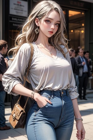 a medium-angle shot captures a woman with long, wavy blonde hair, wearing a silver necklace, earrings, a silver bracelet, and a silver watch. She is dressed in a light blue top and a pair of blue jeans. Her jeans are adorned with shiny silver paint, adding a touch of sparkle to her outfit. The woman is holding a silver purse in her left hand, while her right hand rests on her hip. The background is blurred, with a few people in the distance.