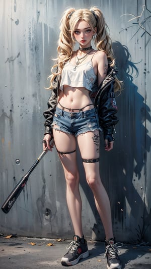 1girl, solo, long hair, looking at viewer, blue eyes, blonde hair, gloves, navel, twintails, jewelry, standing, full body, shoes, shorts, choker, midriff, fingerless gloves, necklace, bracelet, crop top, torn clothes, short shorts, tattoo, makeup, thigh strap, piercing, tank top, denim, lipstick, sneakers, spikes, denim shorts, realistic, cutoffs, baseball bat, graffiti, union jack, skateboard