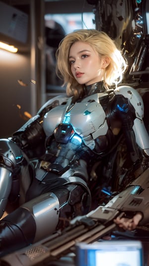 1girl, solo, breasts, short hair, blue eyes, blonde hair, holding, sitting, weapon, holding weapon, armor, blurry, lips, gun, bodysuit, holding gun, rifle, science fiction, realistic, nose, power armor, cyborg