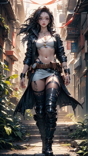 (Post Apacolypse Wanderer), (Female), (Fantasy Apocalyptic Setting), | (Wandering through overgrown City), | (FULL BODY Generation!!!), | (Insane clothing details), (Apocalyptic Outfit), (aesthetic style), (Clothing show skin), (Necklace), (Pistol on hip), (Military boots), (Earings), | (Long beautiful hair), (Interesting hair style), (Beautiful Face), (shiny Eyes), (Light skin), (exhausted face expression), | (Kynetic body parts), (body in motion), (Proportionate body), (Human Body), (aesthetic body), | (Complex Background), (High Resolution Image), (Cinematic), (stunning visual masterpiece!), (professional composition), (Best Quality),