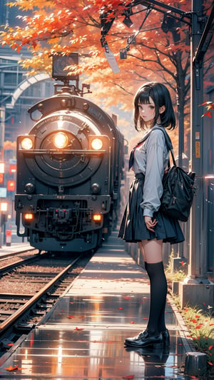 1girl, solo, looking at viewer, short hair, bangs, skirt, black hair, long sleeves, school uniform, standing, full body, pleated skirt, outdoors, shoes, serafuku, socks, bag, black footwear, blurry, from side, kneehighs, leaf, ground vehicle, black socks, loafers, reflection, autumn leaves, autumn, train, train station, railroad tracks