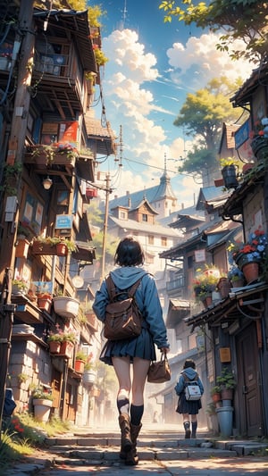 1girl, solo, short hair, skirt, black hair, long sleeves, school uniform, standing, jacket, pleated skirt, boots, outdoors, sky, day, socks, cloud, hood, bag, from behind, tree, blue sky, kneehighs, brown footwear, sunlight, hood down, plant, black socks, building, scenery, walking, school bag, shoulder bag, stairs, railing, facing away, potted plant, road, power lines, overgrown