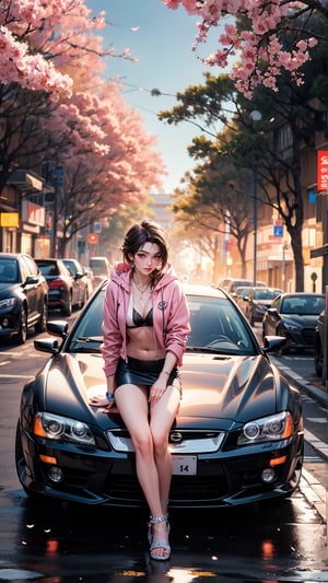 cinnannoe, hyper realistic, view angle from the sky, ultra detailed full body shot of woman in Night City, Ultra perfectly detailed pink car Nissan Silvia s14, around road sakura trees, Cyberpunk theme, white hoodie, T-shirt, black skirt, necklace, high-future vibes, head to toe image, depth of field, hyper detailed gorgeous face, natural body posture, trending on Artstation, 64k, ultra detailed, ultra accurate detailed, surrealism, ultra unreal engine, epic, freckles, stomach, legs, feets