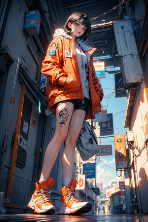 1girl, solo, looking at viewer, short hair, bangs, skirt, black hair, standing, jacket, full body, outdoors, shoes, shorts, hood, bag, tattoo, hood down, building, sneakers, hand in pocket, sign, hands in pockets, power lines, leg tattoo, orange jacket, barcode