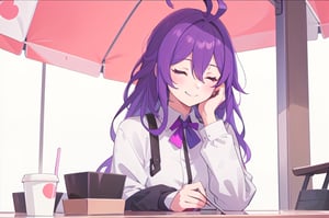 alone,sitting,one_coffee,drinking_coffee,pink_hair,closed_eyes,smile,blank_background,masterpiece,long hair,purple hair,ahoge,1girl,