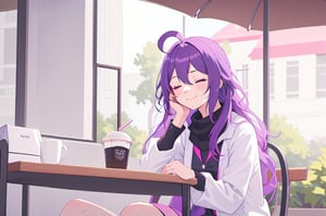 alone,sitting,one_coffee,drinking_coffee,pink_hair,closed_eyes,smile,blank_background,masterpiece,long hair,purple hair,ahoge,1girl,