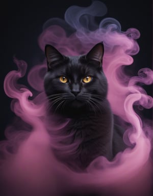 A mesmerizing image of smoke elegantly forming a lifelike cat silhouette in mid-air. The intricate details and vibrant colors of the cat, along with the perfect balance of smoke density and airiness, create an incredible visual effect. The background reveals a mystical or enchanted setting, possibly a dimly lit room with candles and a moonlit sky. The combination of photo, illustration, 3D render, and painting techniques make this piece a true masterpiece., 3d render, photo, painting, vibrant, illustration