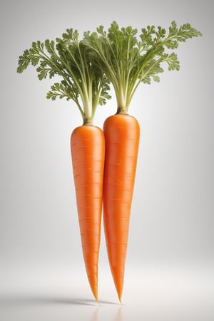 two carrots are separated by their stems in this surreally designed photograph. High resolution photo. Selective focus. Shallow depth of field,  3D images, 3D illustration, 3D rendering, Digitally Generated Image,isolated on white