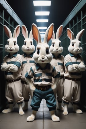 group of rabbits looking like the daltons from lucky luke wearing prison clothes plotting an escape, looking dramatic at viewer symetrical:1 ral-symetrical