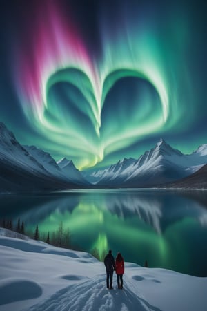 (Heart shaped:1.2) aurora borealis, over snowy mountains, lake, people kissing, high quality, extreme details, masterpiece