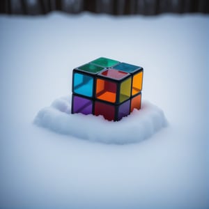 analog raw photo of a rubick's cube made of color glass laying in snow, haze lighting, winter, 35mm, 8k, UHD, masterpiece akthahtka, Ultra-HD-details, true to life, HDR image, High detail resolution, high detailed cloth, cinematic lighting, realistic, sharp focus, (very detailed), ((4K HQ)), depth of field, f/1.2, Leica, 8K HDR, High contrast, bokeh, realistic shadows, vignette, epic, . Eerie, unsettling, dark, spooky, suspenseful, grim, highly detailed
