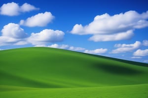 microsoft windows xp wallpaper, Bucolic Green Hills, unedited photograph of a green hill and blue sky with white clouds, Charles O'Rear photograph, epic, gorgeous, vivid colors, bright image
