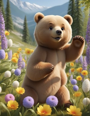 cute cartoon character, bear enjoying springtime flowers, (((masterpiece))),(best quality)