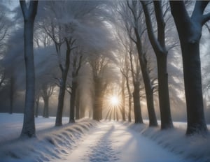 photograph, a path in the woods with snow and the sun shining , by Julian Allen, dramatic winter landscape, ears, park, take off, peace, rich cold moody colours, hi resolution, oaks