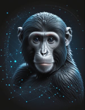 dataviz style, black and white network data visualization in the shape of a Monkey,  masterpiece , hyper detailed, unreal engine, blue tones, stars