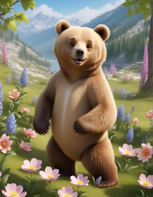 cute cartoon character, bear enjoying springtime flowers, (((masterpiece))),(best quality)