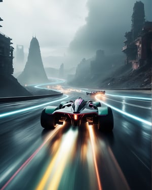 A futuristic F-Zero-style race car rockets down an impossibly twisted, gravity-defying racetrack in a dystopian, foggy District 9-inspired world. The view is from behind the sleek, geometrical vehicle as it speeds along a sci-fi racecourse, surrounded by crumbling Scibu architecture that rises like jagged towers through the haze. The track itself defies reality—parts are made of light, glowing with neon colors that cut through the greyish, dystopian atmosphere. Vibrant motion blurs as the car takes a sharp turn on the twisted track, where gravity seems irrelevant. Elements of the road hang in midair, spiraling into chaotic loops. Low-tone, moody colors dominate the scene, creating a surreal, dynamic action shot that feels both exhilarating and unsettling in its stark contrast of vibrant lights against the decayed, dystopian backdrop.