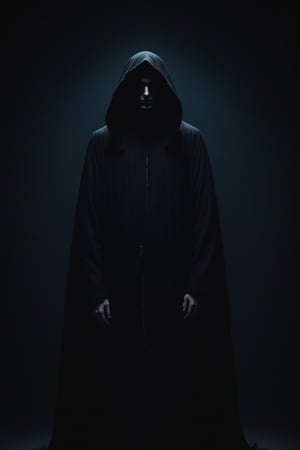 Man in black robe standing in darkness, album cover, by Balázs Diószegi, tumblr, horror gothic art, veil, moonless night, darkness, dark and muted colors, caretaker, faceless, dark background
