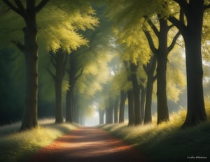 photograph, a path in the woods with leaves and the sun shining , by Julian Allen, dramatic summer landscape, ears, park, take off, peace, rich cold moody colours, hi resolution, oaks