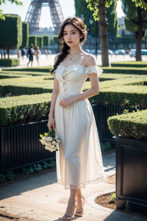 Best quality, masterpiece, ultra high res, raw photo, beautiful and aesthetic,deep shadow, dark theme,(photorealistic:1.4),
(qyc \(manaka nemu\), 1girl, dress, braid),outdoors, ((((garden, paris)))),VICTORIAN DRESS