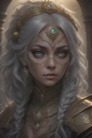 
Create an image of an elderly African woman with a futuristic and tribal-inspired look. She has distinctive grey hair, styled elegantly under an elaborate headdress adorned with blue and gold ornaments. Her goggles are oversized and intricately designed, combining steampunk aesthetics with gemstones and metallic details. Her eyes are slightly reddened, suggesting tiredness or emotion, visible through the lenses. The scene is set in a bright outdoor environment, with vibrant colors and an ethereal atmosphere. Her expression is calm and dignified, and her outfit is decorated with turquoise beads, metals, and complex patterns, giving a rich and otherworldly visual effect.