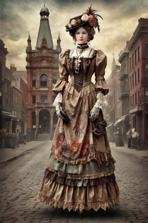  

Master of professional photography, beautiful woman in VICTORIAN ERA dress and accessories, extreme texture and details, full body portrait, background with bohemian city landmarks, 64K,full body.