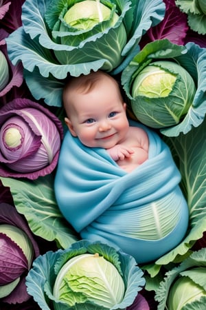 creates a field of cabbages with intricate colors, under the large cabbage in the foreground is a newborn baby wrapped in a multicolored blanket, the newborn smiles with lively and friendly eyes,






